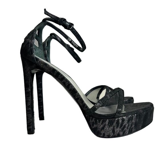 STUART WEITZMAN Heels Womens 8.5M Black Platform Ankle Strap Glitter Tizyou - Picture 7 of 12